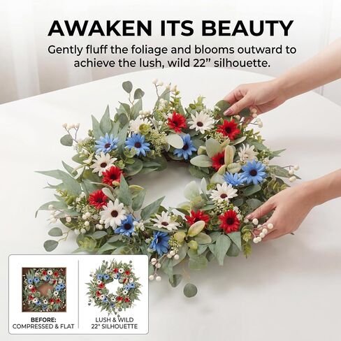 22 Inch Patriotic Wreath for Front Door Outdoor, UV Resistant Red White and Blue Eucalyptus Wreath for 4th of July Memorial Day, Waterproof Americana Summer Décor in Kuwait