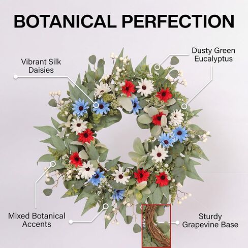 22 Inch Patriotic Wreath for Front Door Outdoor, UV Resistant Red White and Blue Eucalyptus Wreath for 4th of July Memorial Day, Waterproof Americana Summer Décor in Kuwait