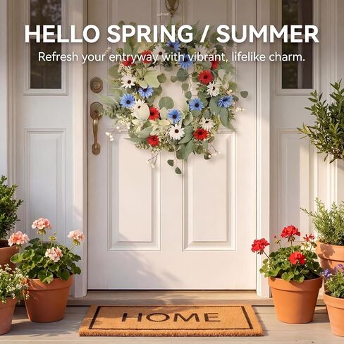 22 Inch Patriotic Wreath for Front Door Outdoor, UV Resistant Red White and Blue Eucalyptus Wreath for 4th of July Memorial Day, Waterproof Americana Summer Décor in Kuwait