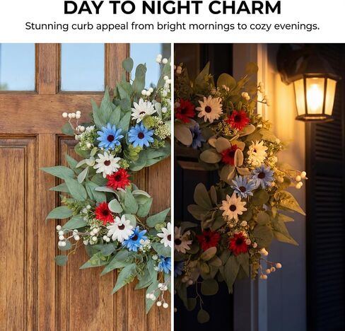 22 Inch Patriotic Wreath for Front Door Outdoor, UV Resistant Red White and Blue Eucalyptus Wreath for 4th of July Memorial Day, Waterproof Americana Summer Décor in Kuwait