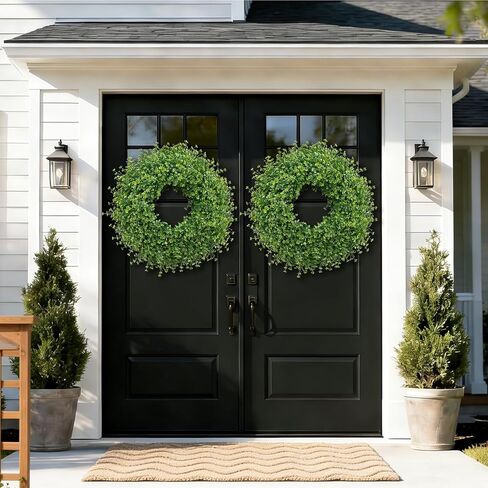 28 Inch Large Boxwoods Wreaths for Front Door Artificial Green Leaves Greenery Indoor Outdoor Wreath Home Decor Porch Window Wall Farmhouse Door Decorations Spring Summer Fall All Seasons in Saudi Arabia