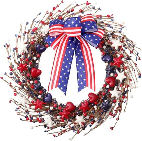 zjlmit 22 Inch 4th of July Wreath with Grapevine Base - Red White and Blue Berry Patriotic Wreath with Hanging Loop for Front Door, Independence Day & Memorial Day Decor in Saudi Arabia