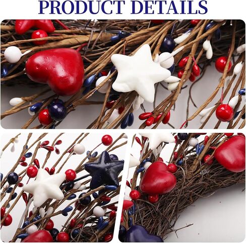 zjlmit 22 Inch 4th of July Wreath with Grapevine Base - Red White and Blue Berry Patriotic Wreath with Hanging Loop for Front Door, Independence Day & Memorial Day Decor in Saudi Arabia