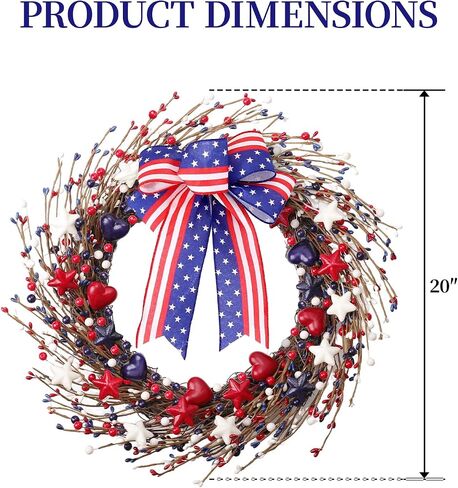 zjlmit 22 Inch 4th of July Wreath with Grapevine Base - Red White and Blue Berry Patriotic Wreath with Hanging Loop for Front Door, Independence Day & Memorial Day Decor in Saudi Arabia