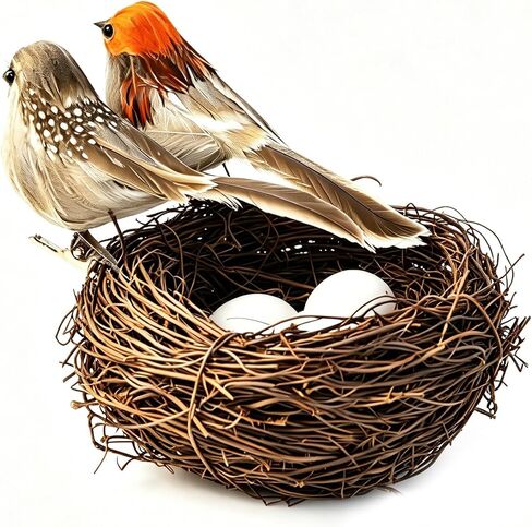 Fake Bird Decor Sparrow Figurines,6pcs Artificial Faux Real Feathers Ornament Birds Nest Eggs,Small Decorative,Clip On Birds For Christmas Tree Sunmmer Easter Home Decoration、Crafts、Statue Photo Props in Saudi Arabia