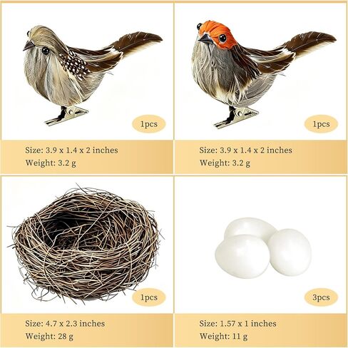 Fake Bird Decor Sparrow Figurines,6pcs Artificial Faux Real Feathers Ornament Birds Nest Eggs,Small Decorative,Clip On Birds For Christmas Tree Sunmmer Easter Home Decoration、Crafts、Statue Photo Props in Saudi Arabia