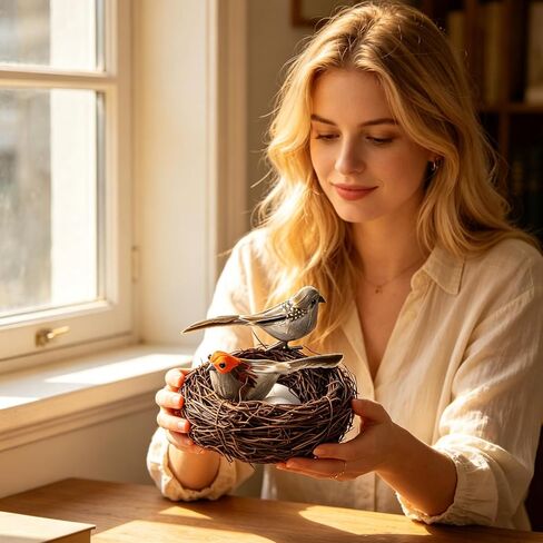 Fake Bird Decor Sparrow Figurines,6pcs Artificial Faux Real Feathers Ornament Birds Nest Eggs,Small Decorative,Clip On Birds For Christmas Tree Sunmmer Easter Home Decoration、Crafts、Statue Photo Props in Saudi Arabia