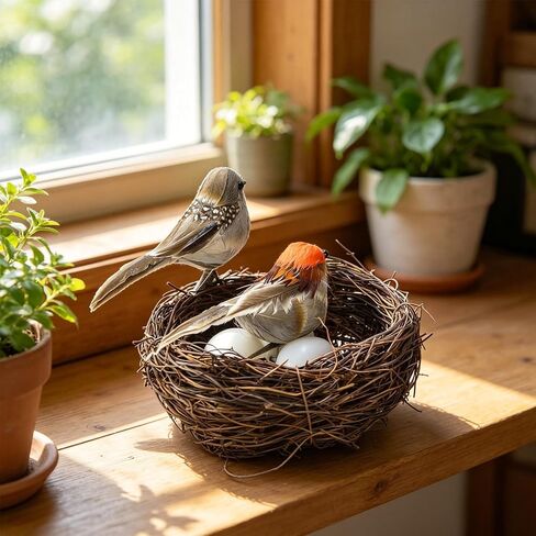 Fake Bird Decor Sparrow Figurines,6pcs Artificial Faux Real Feathers Ornament Birds Nest Eggs,Small Decorative,Clip On Birds For Christmas Tree Sunmmer Easter Home Decoration、Crafts、Statue Photo Props in Saudi Arabia