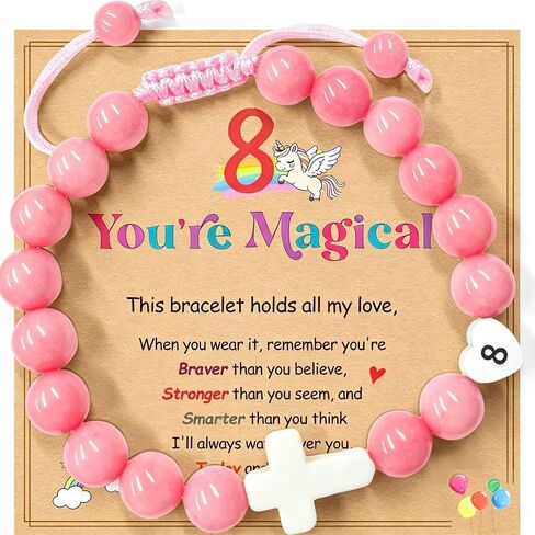 Birthday Number Cross Bracelet for Girls Ages 1-8, Pink Rhodonite Beaded Bracelet with White Ceramic Cross & Stainless Steel Heart Number, Adjustable Braided Bracelet, Silver Gift Box in Saudi Arabia