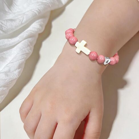 Birthday Number Cross Bracelet for Girls Ages 1-8, Pink Rhodonite Beaded Bracelet with White Ceramic Cross & Stainless Steel Heart Number, Adjustable Braided Bracelet, Silver Gift Box in Saudi Arabia