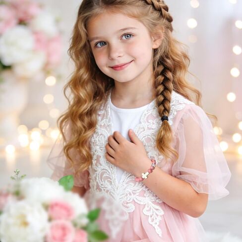 Birthday Number Cross Bracelet for Girls Ages 1-8, Pink Rhodonite Beaded Bracelet with White Ceramic Cross & Stainless Steel Heart Number, Adjustable Braided Bracelet, Silver Gift Box in Saudi Arabia