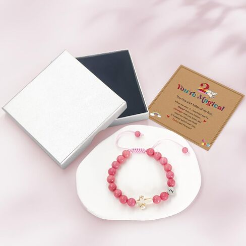 Birthday Number Cross Bracelet for Girls Ages 1-8, Pink Rhodonite Beaded Bracelet with White Ceramic Cross & Stainless Steel Heart Number, Adjustable Braided Bracelet, Silver Gift Box in Saudi Arabia