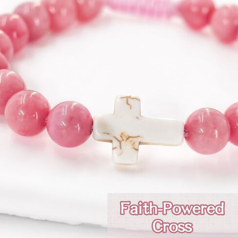 Birthday Number Cross Bracelet for Girls Ages 1-8, Pink Rhodonite Beaded Bracelet with White Ceramic Cross & Stainless Steel Heart Number, Adjustable Braided Bracelet, Silver Gift Box in Saudi Arabia