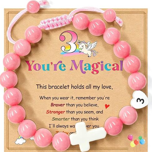 Birthday Number Cross Bracelet for Girls Ages 1-8, Pink Rhodonite Beaded Bracelet with White Ceramic Cross & Stainless Steel Heart Number, Adjustable Braided Bracelet, Silver Gift Box in Kuwait