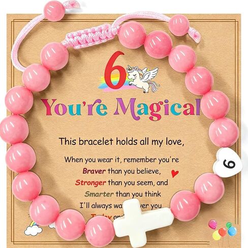 Birthday Number Cross Bracelet for Girls Ages 1-8, Pink Rhodonite Beaded Bracelet with White Ceramic Cross & Stainless Steel Heart Number, Adjustable Braided Bracelet, Silver Gift Box in Saudi Arabia