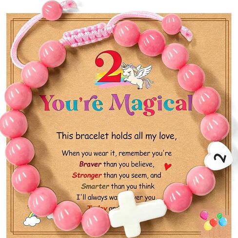 Birthday Number Cross Bracelet for Girls Ages 1-8, Pink Rhodonite Beaded Bracelet with White Ceramic Cross & Stainless Steel Heart Number, Adjustable Braided Bracelet, Silver Gift Box in Saudi Arabia