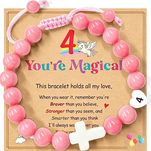 Birthday Number Cross Bracelet for Girls Ages 1-8, Pink Rhodonite Beaded Bracelet with White Ceramic Cross & Stainless Steel Heart Number, Adjustable Braided Bracelet, Silver Gift Box in Saudi Arabia