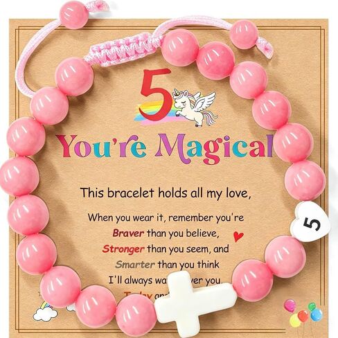 Birthday Number Cross Bracelet for Girls Ages 1-8, Pink Rhodonite Beaded Bracelet with White Ceramic Cross & Stainless Steel Heart Number, Adjustable Braided Bracelet, Silver Gift Box in Saudi Arabia