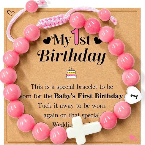 Birthday Number Cross Bracelet for Girls Ages 1-8, Pink Rhodonite Beaded Bracelet with White Ceramic Cross & Stainless Steel Heart Number, Adjustable Braided Bracelet, Silver Gift Box in Saudi Arabia