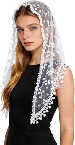 DOCILA Triangle Lace Veil Print Sheer Tulle Church Wedding Mantilla Veils Mass Religious Christian Prayer Head Covering Scarf in Kuwait