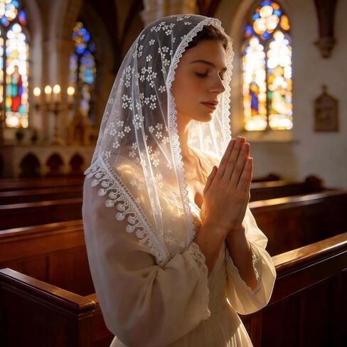 DOCILA Triangle Lace Veil Print Sheer Tulle Church Wedding Mantilla Veils Mass Religious Christian Prayer Head Covering Scarf in Kuwait