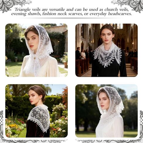 DOCILA Triangle Lace Veil Print Sheer Tulle Church Wedding Mantilla Veils Mass Religious Christian Prayer Head Covering Scarf in Kuwait