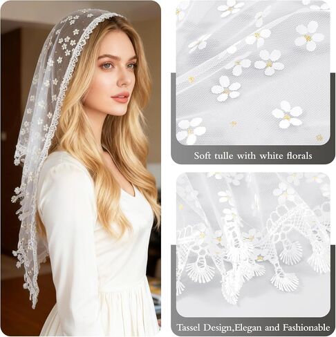 DOCILA Triangle Lace Veil Print Sheer Tulle Church Wedding Mantilla Veils Mass Religious Christian Prayer Head Covering Scarf in Kuwait
