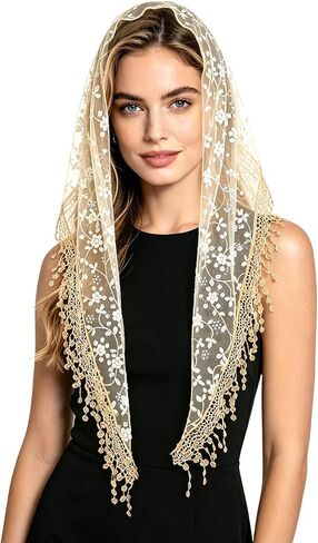DOCILA Triangle Lace Veil Print Sheer Tulle Church Wedding Mantilla Veils Mass Religious Christian Prayer Head Covering Scarf in Kuwait
