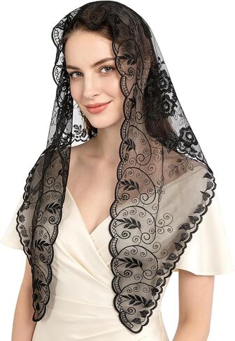 DOCILA Triangle Lace Veil Print Sheer Tulle Church Wedding Mantilla Veils Mass Religious Christian Prayer Head Covering Scarf in Kuwait