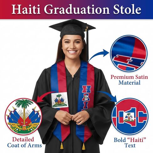 Haiti Flag Graduation Stole for International Students, 72 Inch Haitian Graduation Sash with Gold Tassels in Saudi Arabia