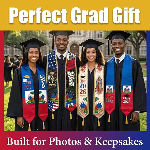 Haiti Flag Graduation Stole for International Students, 72 Inch Haitian Graduation Sash with Gold Tassels in Saudi Arabia