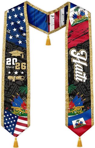 Haiti Flag Graduation Stole for International Students, 72 Inch Haitian Graduation Sash with Gold Tassels in Saudi Arabia