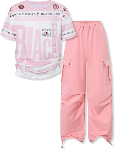 Teen Girls Clothes 2 Piece Outfit Y2K-inspired Streetwear Short Sleeve Top & Cargo Pants for Teen Girl 9-16 Years in Saudi Arabia