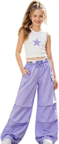 Girls 2 Piece Outfit, Y2K Sleeveless Star Crop Tank Top with Wide-Leg Pants, Purple and White, Ages 8-12 in Kuwait