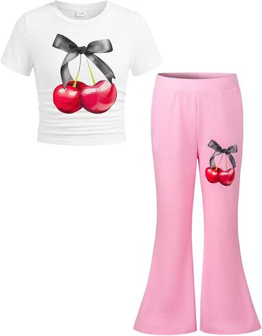 Girls 2 Piece Outfits Short Sleeve Tops & Flared Pants Kids Teen Trendy Summer Clothing Set, Size 7-14 Years in Kuwait