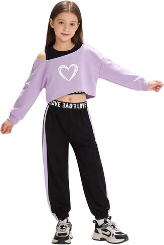 Girls Graphic 3 Piece Outfits Workout Tee Crop Tank and Sweatpants Set in Saudi Arabia