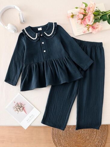 Girls Long Sleeve Half Button Ruffle Hem Top & Straight Leg Pants Set 2 Piece Casual Outfit in Kuwait