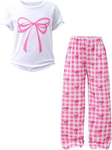 Tween Girls Cute Clothes Bow Print Solid Top + Matching Bow Gingham Pants Outfit Set 9-16 Years in Saudi Arabia