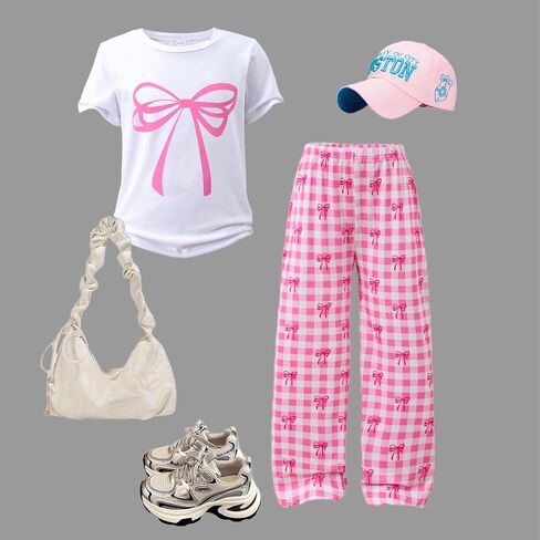 Tween Girls Cute Clothes Bow Print Solid Top + Matching Bow Gingham Pants Outfit Set 9-16 Years in Saudi Arabia
