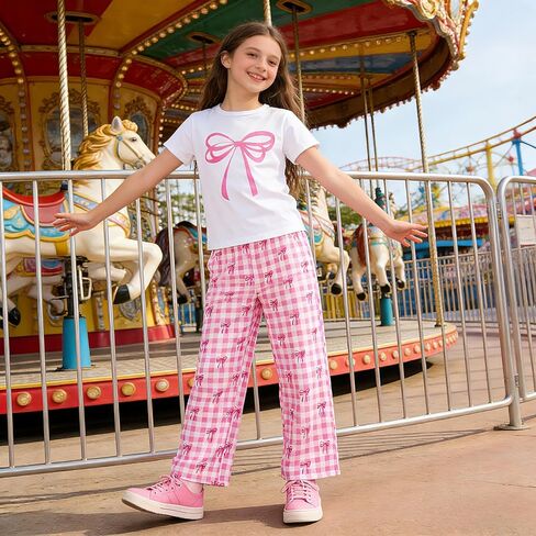 Tween Girls Cute Clothes Bow Print Solid Top + Matching Bow Gingham Pants Outfit Set 9-16 Years in Saudi Arabia