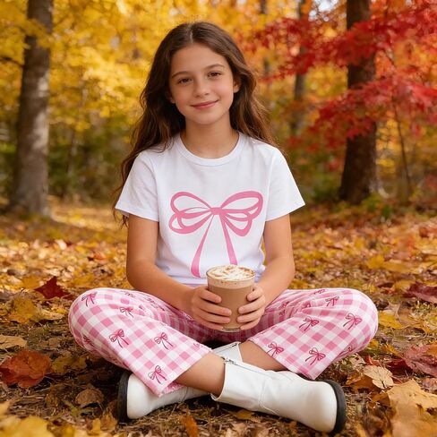 Tween Girls Cute Clothes Bow Print Solid Top + Matching Bow Gingham Pants Outfit Set 9-16 Years in Saudi Arabia
