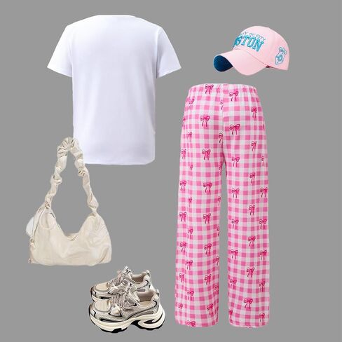 Tween Girls Cute Clothes Bow Print Solid Top + Matching Bow Gingham Pants Outfit Set 9-16 Years in Saudi Arabia
