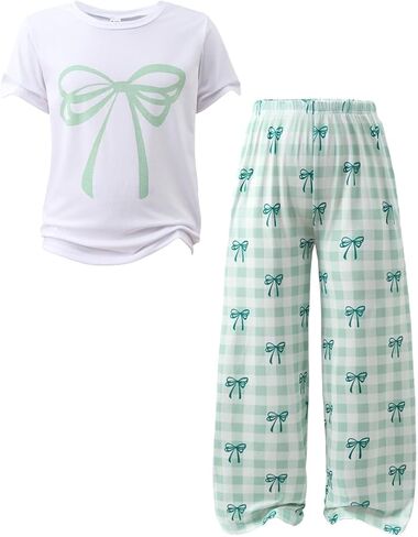 Tween Girls Cute Clothes Bow Print Solid Top + Matching Bow Gingham Pants Outfit Set 9-16 Years in Saudi Arabia