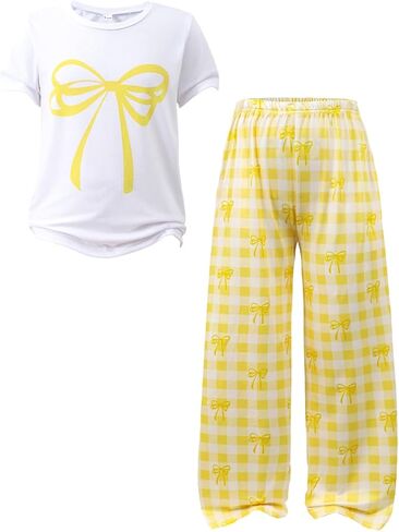 Tween Girls Cute Clothes Bow Print Solid Top + Matching Bow Gingham Pants Outfit Set 9-16 Years in Saudi Arabia