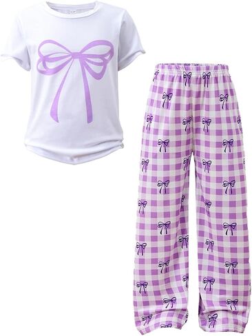 Tween Girls Cute Clothes Bow Print Solid Top + Matching Bow Gingham Pants Outfit Set 9-16 Years in Saudi Arabia