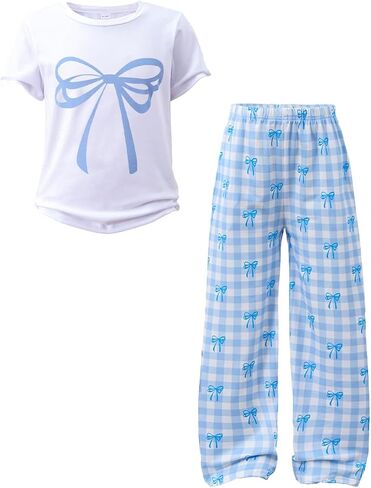 Tween Girls Cute Clothes Bow Print Solid Top + Matching Bow Gingham Pants Outfit Set 9-16 Years in Saudi Arabia
