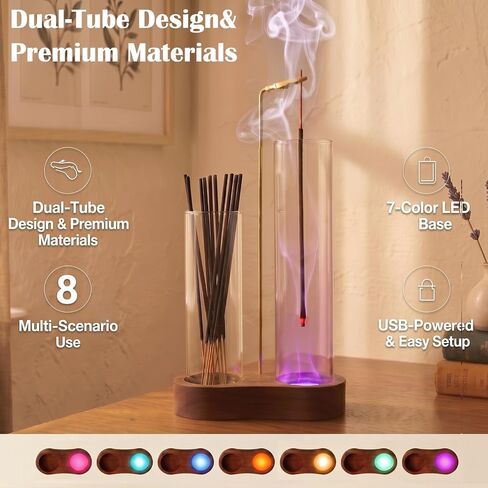 Glowing Glass Incense Holder - 2-in-1 Double Tube Incense Stick Holder with Ash Catcher for Palo Santo, Sage & Meditation - Aesthetic Zen Home Decor for Spa, Yoga & Relaxationn in Saudi Arabia