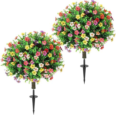27.5" Artificial Boxwood Topiary Ball Trees with Colorful Flowers with Round Spike, Set of 2 UV Resistant Fake Bushes Outdoor Shrubs for Front Porch Planters, Weatherproof Faux Greenery Plants Decor in Kuwait