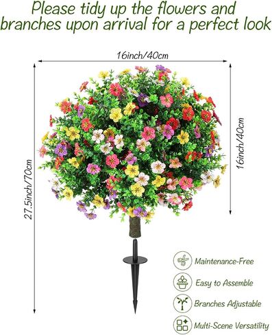 27.5" Artificial Boxwood Topiary Ball Trees with Colorful Flowers with Round Spike, Set of 2 UV Resistant Fake Bushes Outdoor Shrubs for Front Porch Planters, Weatherproof Faux Greenery Plants Decor in Kuwait