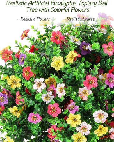 27.5" Artificial Boxwood Topiary Ball Trees with Colorful Flowers with Round Spike, Set of 2 UV Resistant Fake Bushes Outdoor Shrubs for Front Porch Planters, Weatherproof Faux Greenery Plants Decor in Kuwait